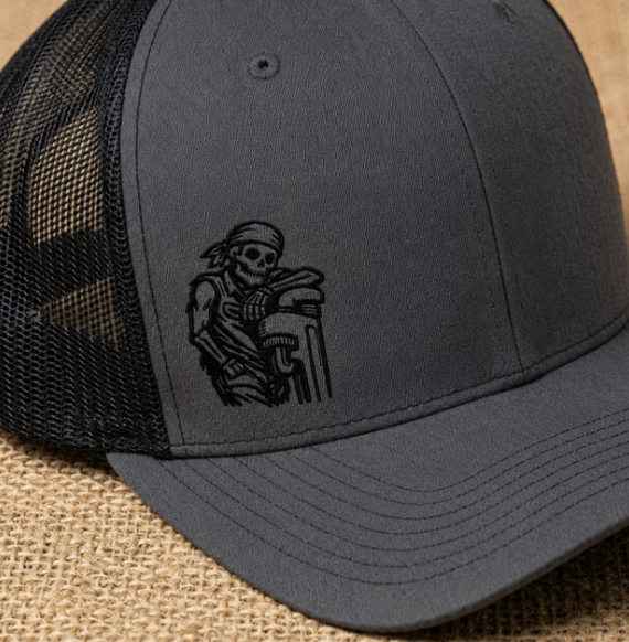 Skeleton Resting On Pipe Wrench Hat, Pipefitter Hat