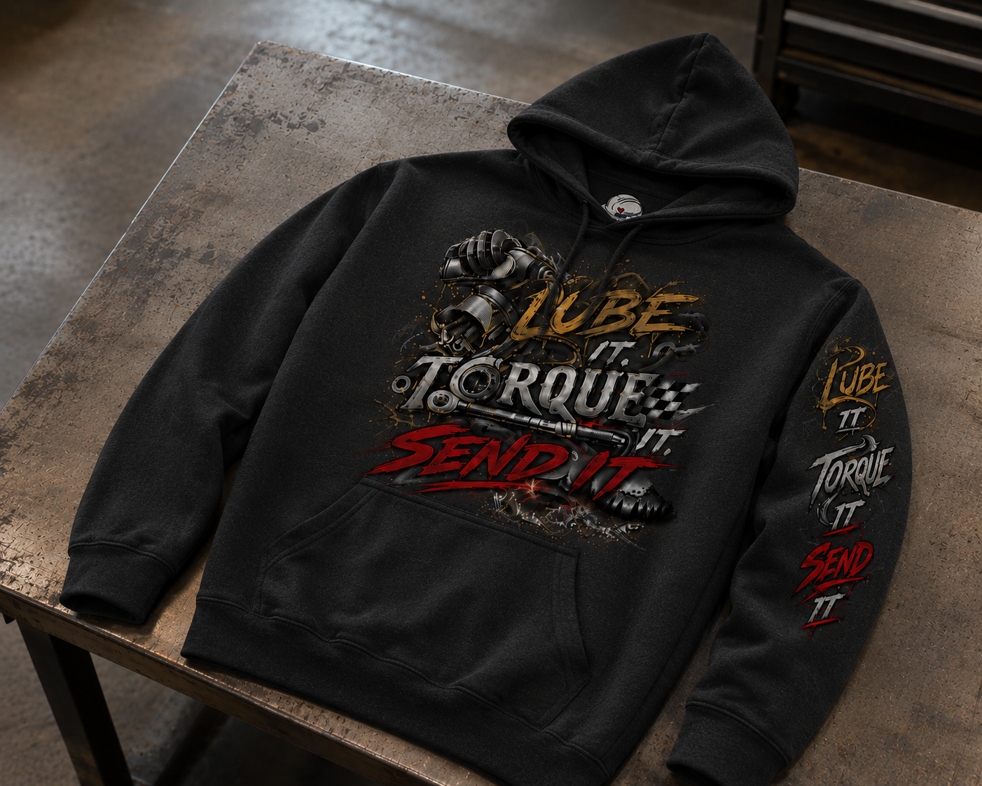 Lube It Torque It Send It Sweater, Automotive Shop Motivational Hoodie
