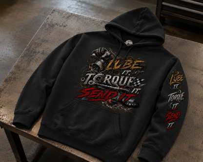 Lube It Torque It Send It Sweater, Automotive Shop Motivational Hoodie