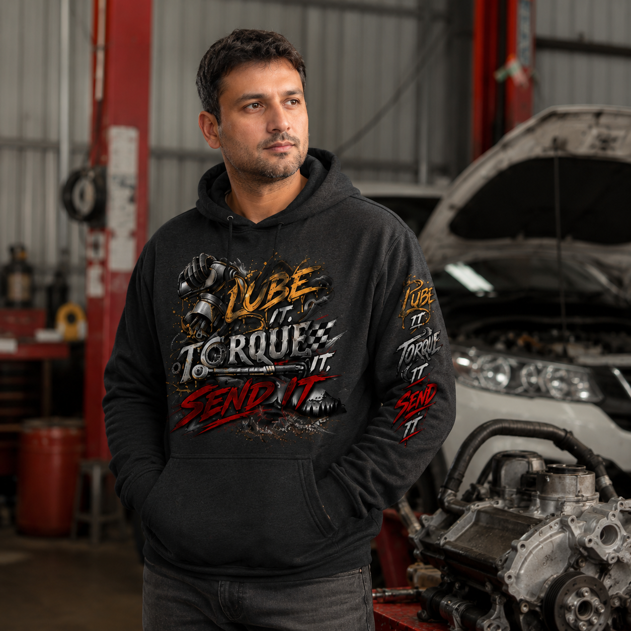 Lube It Torque It Send It Sweater, Automotive Shop Motivational Hoodie
