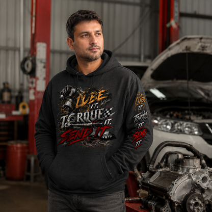 Lube It Torque It Send It Sweater, Automotive Shop Motivational Hoodie