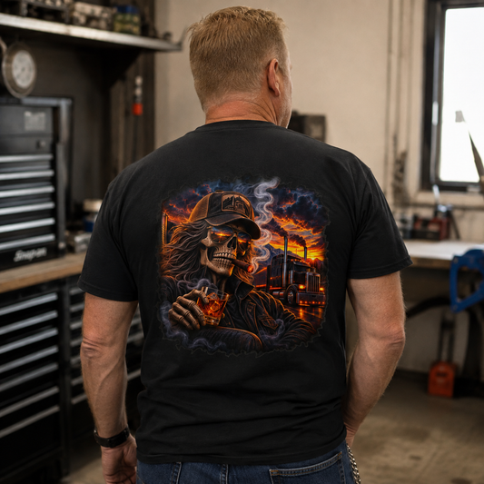 Smoke, Steel & Sunset Trucker T-Shirt, Truck Driver Graphic Tee Shirt