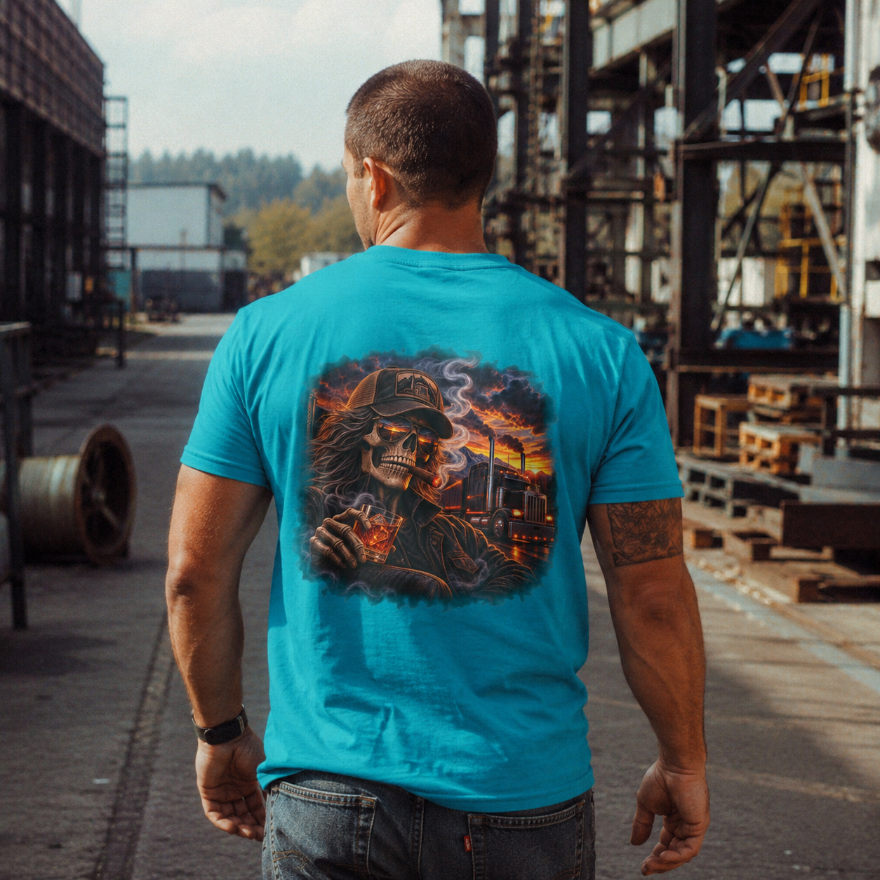 Smoke, Steel & Sunset Trucker T-Shirt, Truck Driver Graphic Tee Shirt