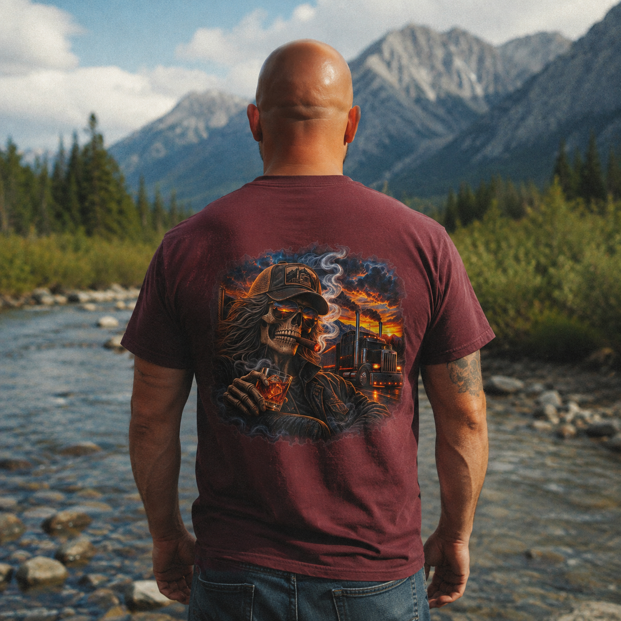 Smoke, Steel & Sunset Trucker T-Shirt, Truck Driver Graphic Tee Shirt