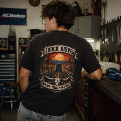 Freedom Diesel Open Roads Semi T-Shirt, Truck Driver Graphic Tee Shirt