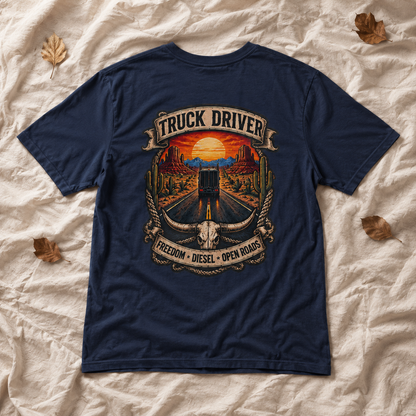 Freedom Diesel Open Roads Semi T-Shirt, Truck Driver Graphic Tee Shirt