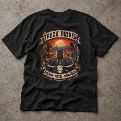 Freedom Diesel Open Roads Semi T-Shirt, Truck Driver Graphic Tee Shirt