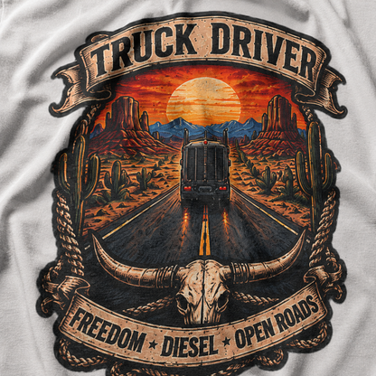 Freedom Diesel Open Roads Semi T-Shirt, Truck Driver Graphic Tee Shirt