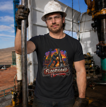 Floorhand Tripping Pipe Oil Rig T-Shirt, Roughneck Chain and Wrench Tee