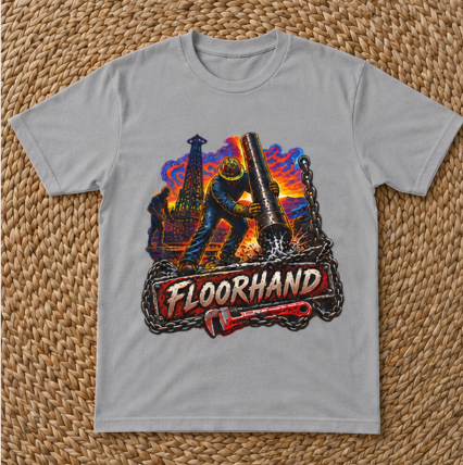 Floorhand Tripping Pipe Oil Rig T-Shirt, Roughneck Chain and Wrench Tee