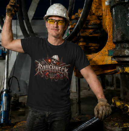 Roughneck Skull Oilfield T-Shirt, Hardhat Floorhand Rig Hand Tee