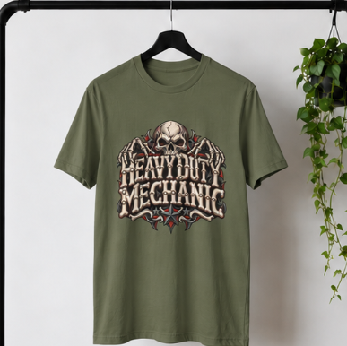 Heavy Duty Mechanic Bone Lettering Skull & Skeletal Hands T-Shirt