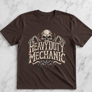 Heavy Duty Mechanic Bone Lettering Skull & Skeletal Hands T-Shirt