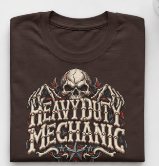 Heavy Duty Mechanic Bone Lettering Skull & Skeletal Hands T-Shirt