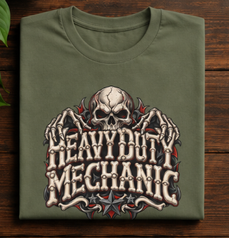 Heavy Duty Mechanic Bone Lettering Skull & Skeletal Hands T-Shirt