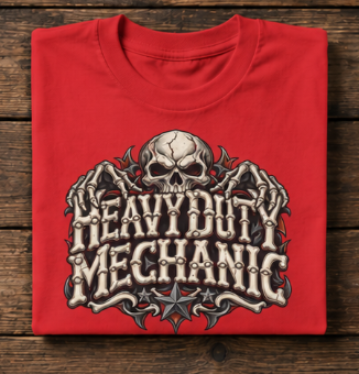 Heavy Duty Mechanic Bone Lettering Skull & Skeletal Hands T-Shirt