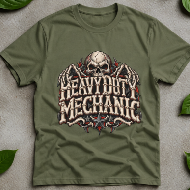 Heavy Duty Mechanic Bone Lettering Skull & Skeletal Hands T-Shirt
