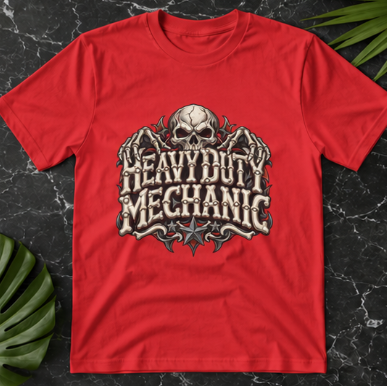Heavy Duty Mechanic Bone Lettering Skull & Skeletal Hands T-Shirt