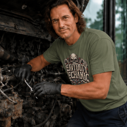Heavy Duty Mechanic Bone Lettering Skull & Skeletal Hands T-Shirt