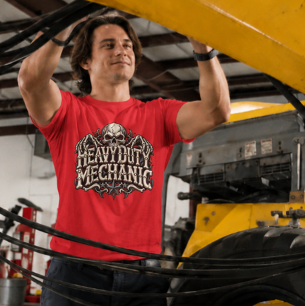 Heavy Duty Mechanic Bone Lettering Skull & Skeletal Hands T-Shirt