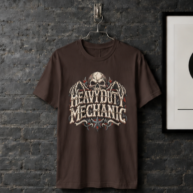 Heavy Duty Mechanic Bone Lettering Skull & Skeletal Hands T-Shirt