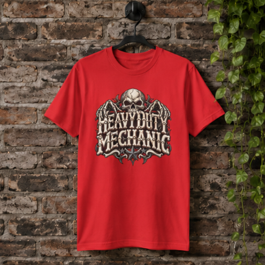 Heavy Duty Mechanic Bone Lettering Skull & Skeletal Hands T-Shirt