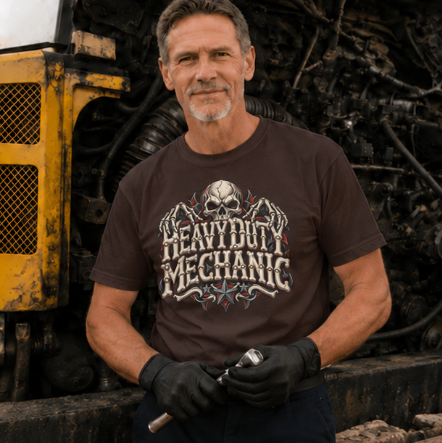 Heavy Duty Mechanic Bone Lettering Skull & Skeletal Hands T-Shirt