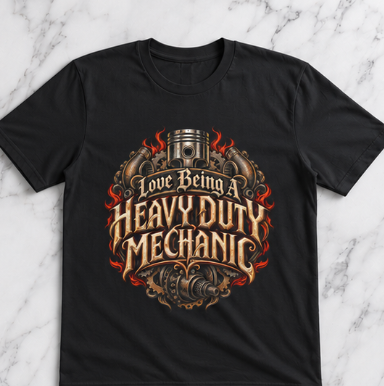 Love Being A Heavy Duty Mechanic Flames & Gears T-Shirt
