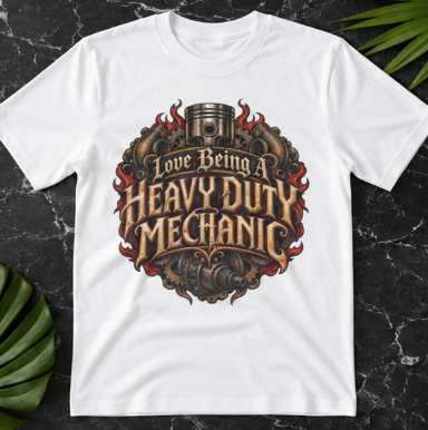 Love Being A Heavy Duty Mechanic Flames & Gears T-Shirt