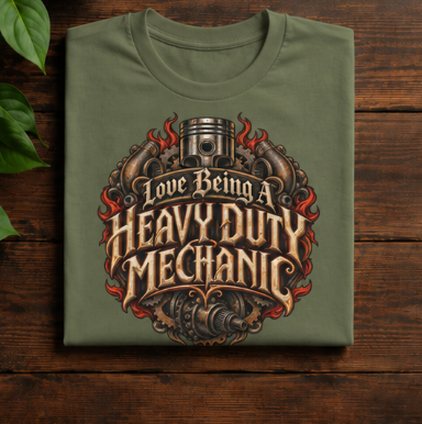 Love Being A Heavy Duty Mechanic Flames & Gears T-Shirt