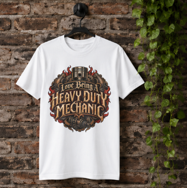 Love Being A Heavy Duty Mechanic Flames & Gears T-Shirt