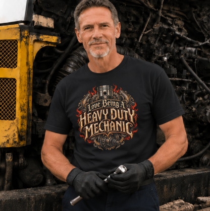 Love Being A Heavy Duty Mechanic Flames & Gears T-Shirt