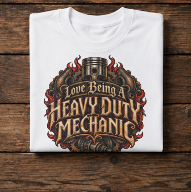 Love Being A Heavy Duty Mechanic Flames & Gears T-Shirt