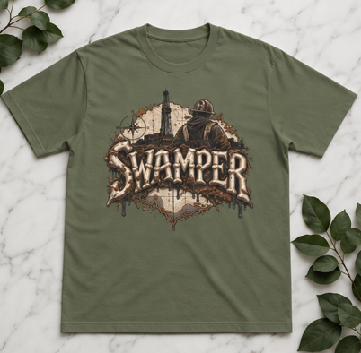 Swamper Muddy Oilfield Worker Topographic Rig T-Shirt