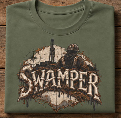 Swamper Muddy Oilfield Worker Topographic Rig T-Shirt