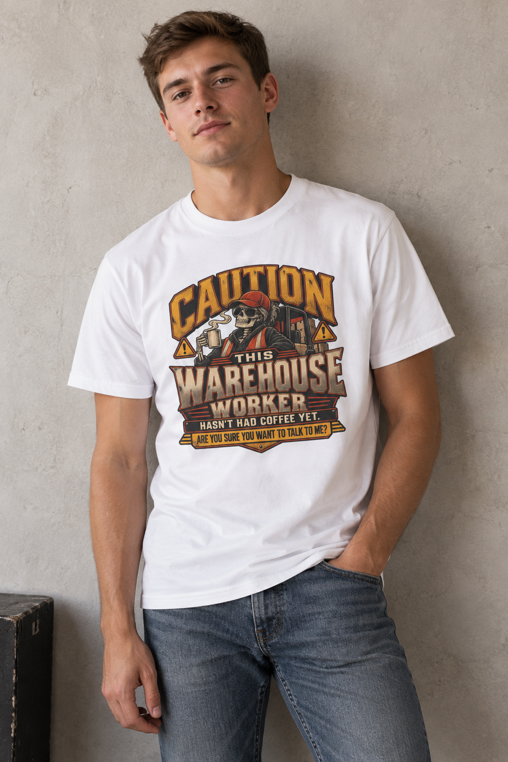 CAUTION This Warehouse Worker Hasn’t Had Coffee Yet Skeleton Coffee Warning T-Shirt