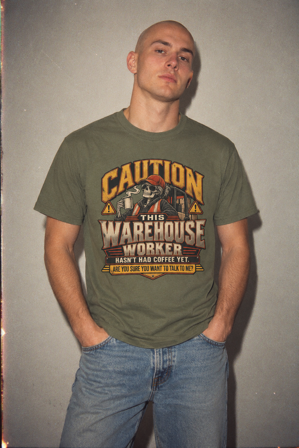 CAUTION This Warehouse Worker Hasn’t Had Coffee Yet Skeleton Coffee Warning T-Shirt