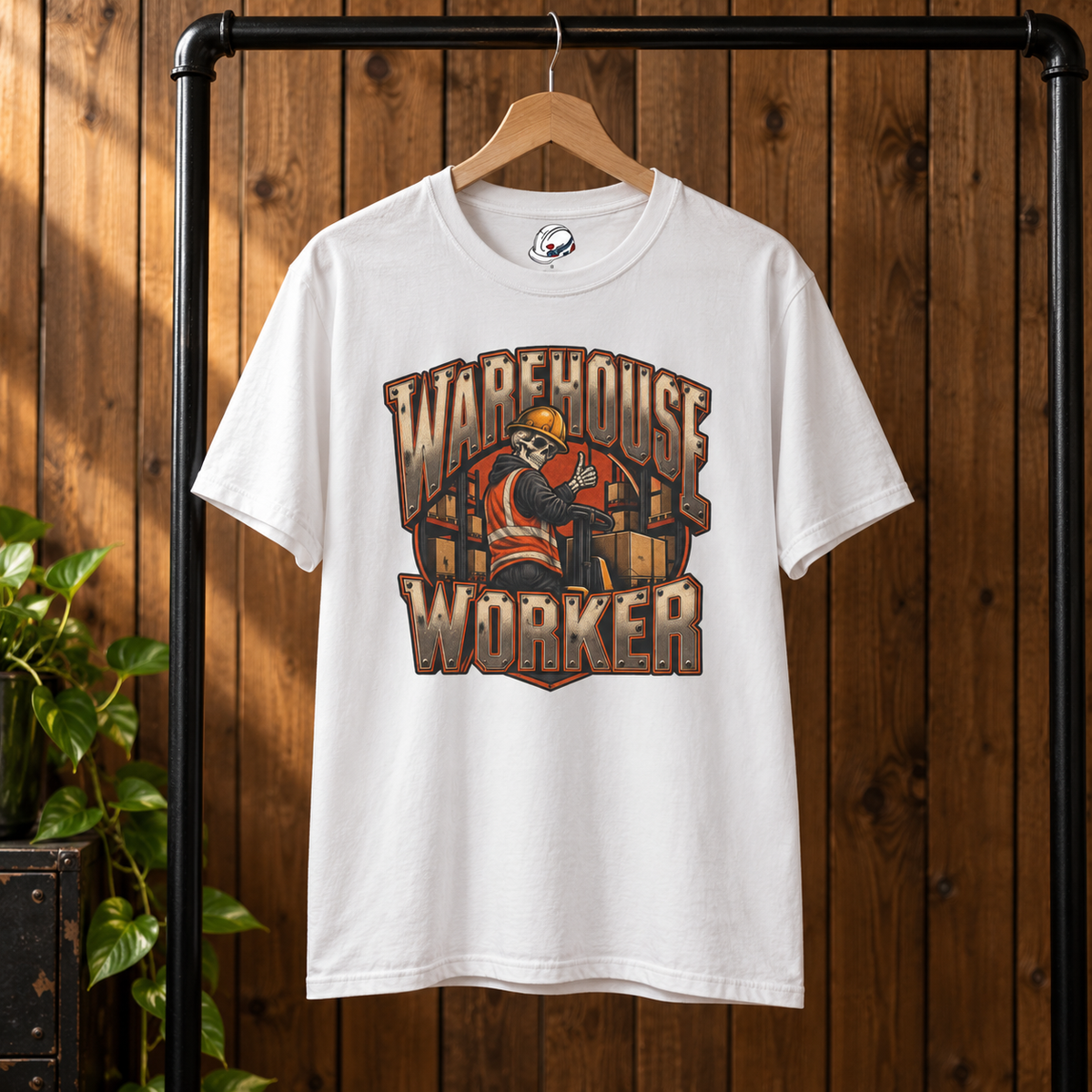 Warehouse Worker Skeleton Thumbs-Up Industrial Mascot T-Shirt