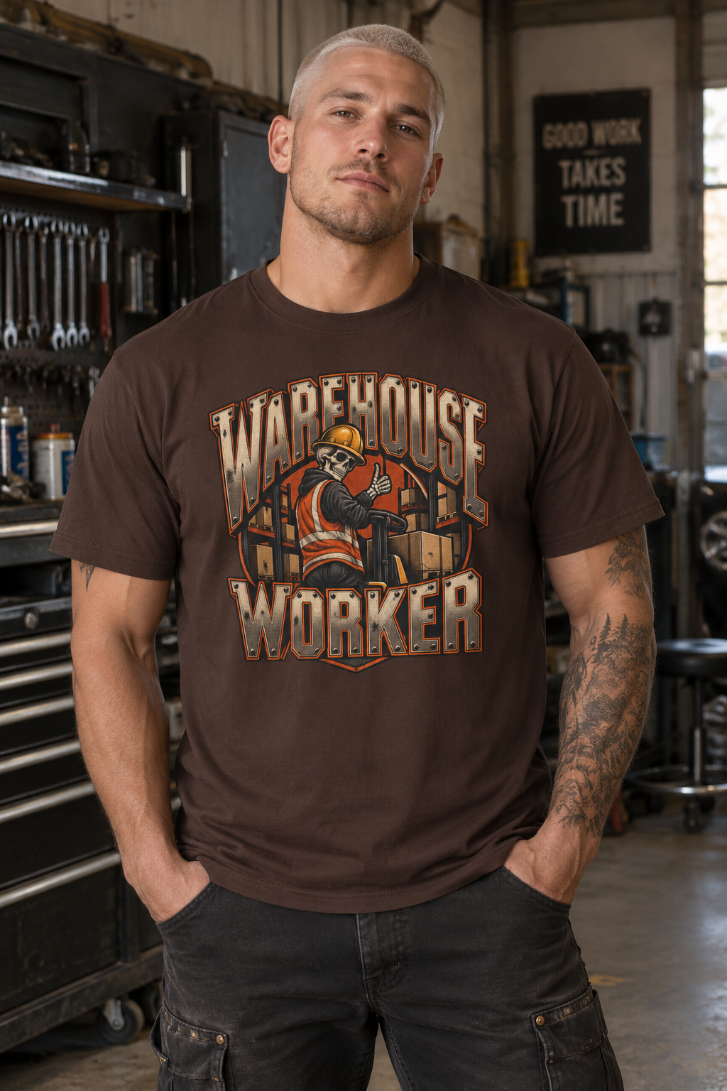 Warehouse Worker Skeleton Thumbs-Up Industrial Mascot T-Shirt