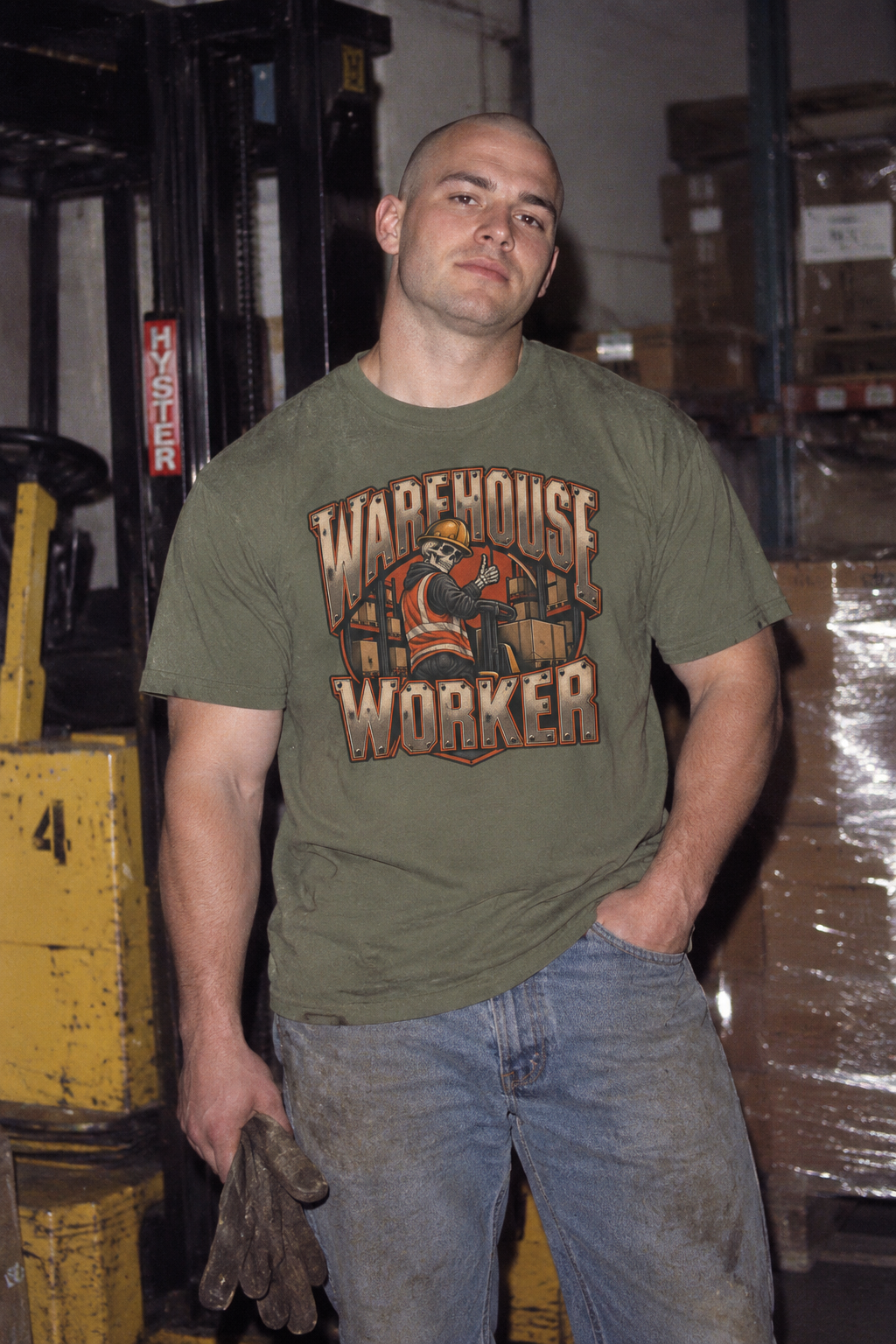 Warehouse Worker Skeleton Thumbs-Up Industrial Mascot T-Shirt