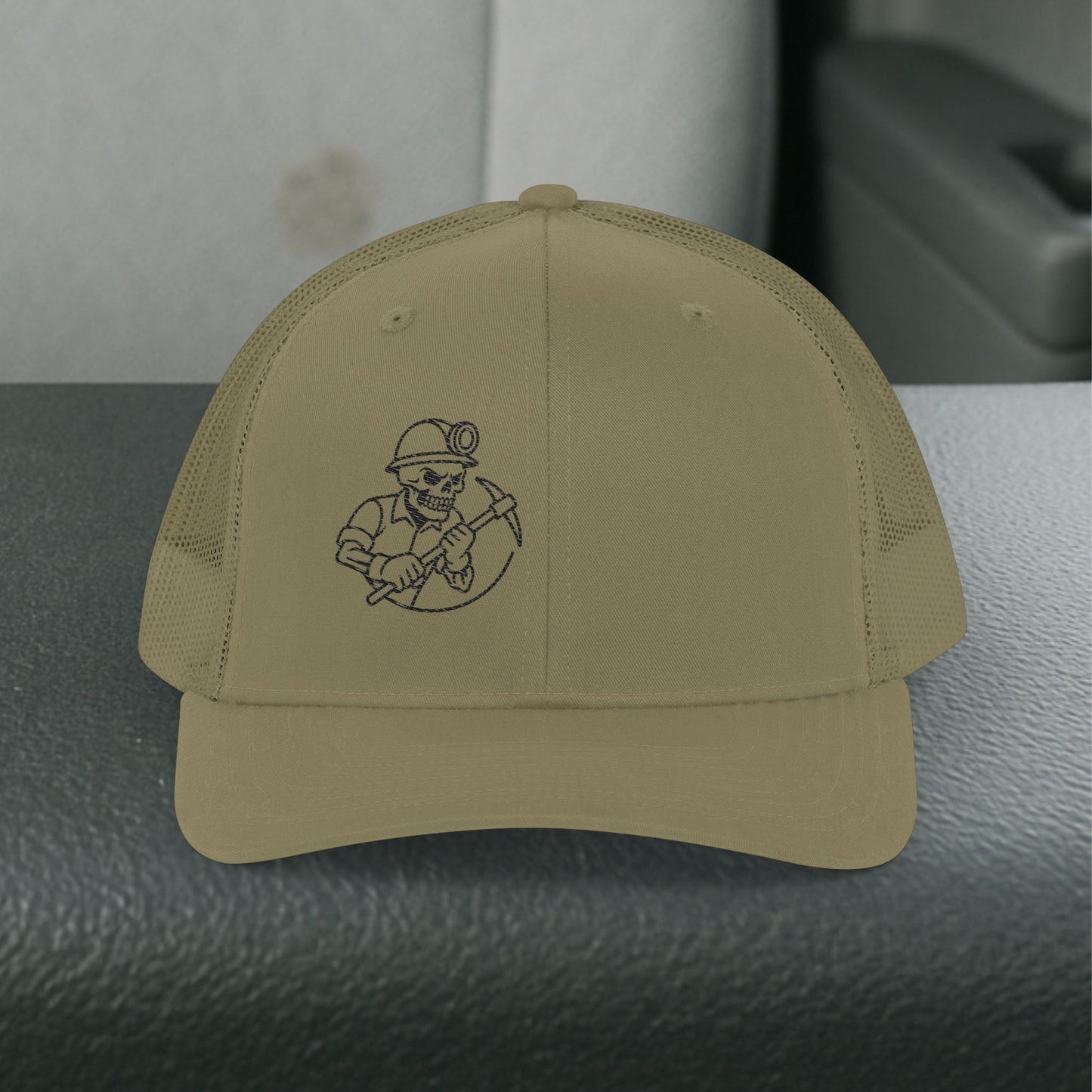 Embroidered Miner Pick Axe Hat, Mining Skeleton Trade Cap