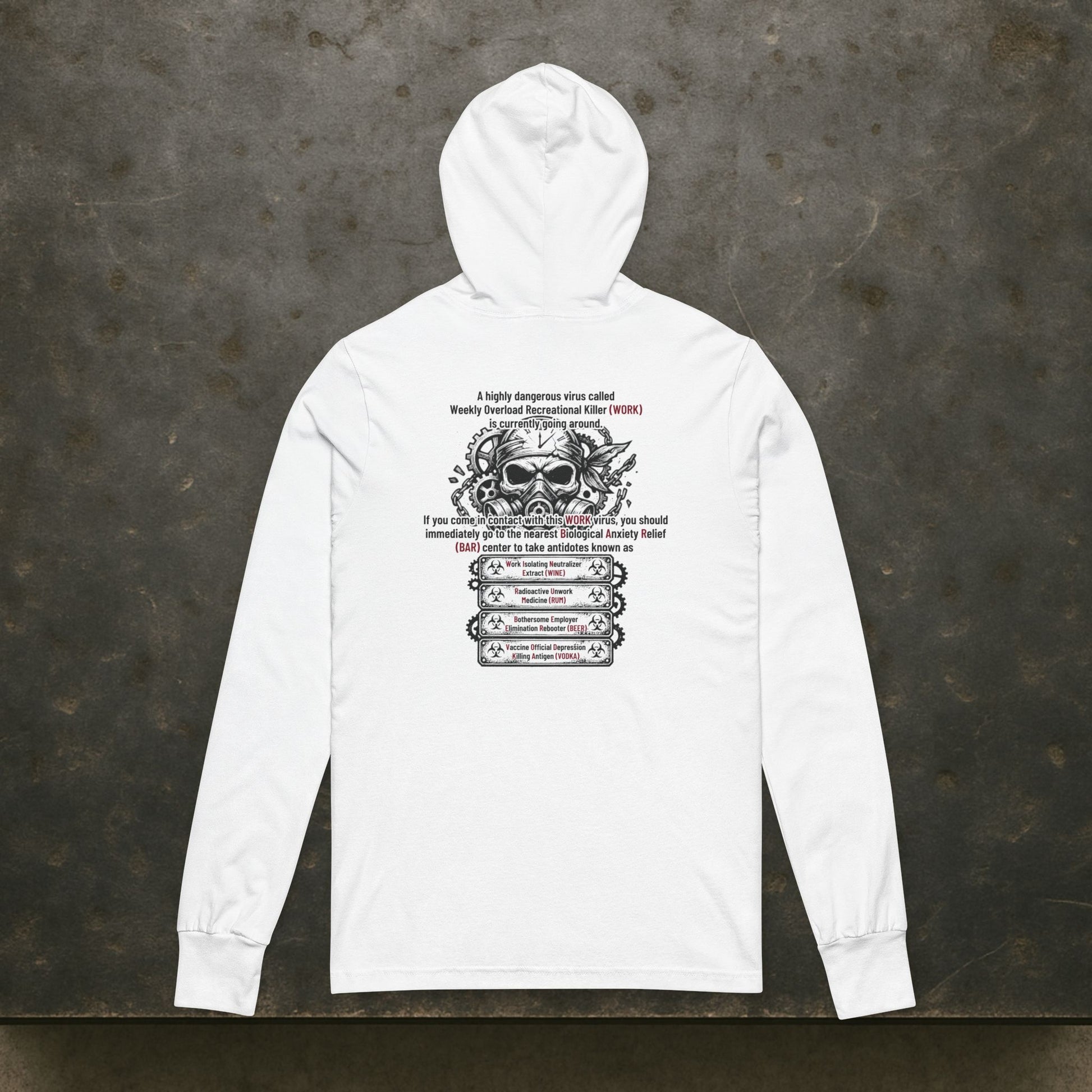 White hoodie with graphic design on a textured gray background