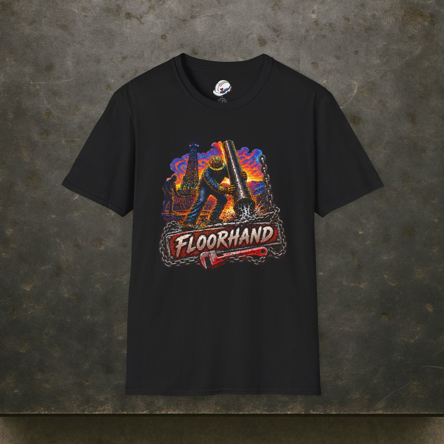 Floorhand Tripping Pipe Oil Rig T-Shirt, Roughneck Chain and Wrench Tee